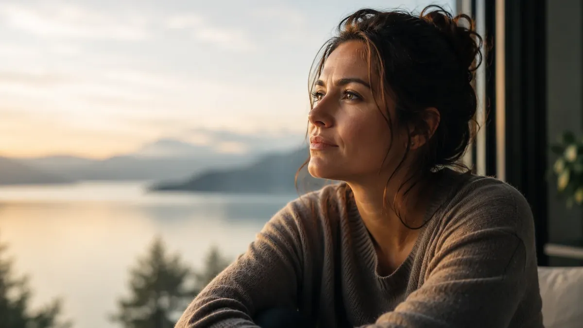 Person seated by a window looking thoughtfully toward a calm mountain lake at sunrise